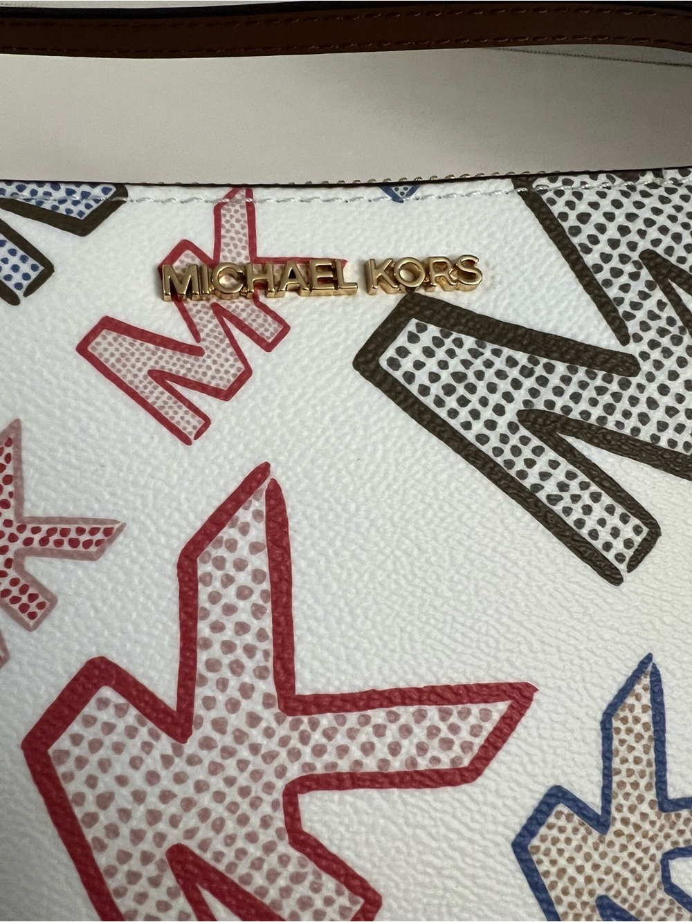 Michael Kors White Multicolor MK Logo Shoulder Bag with Brown Trim - Picture 4 of 16